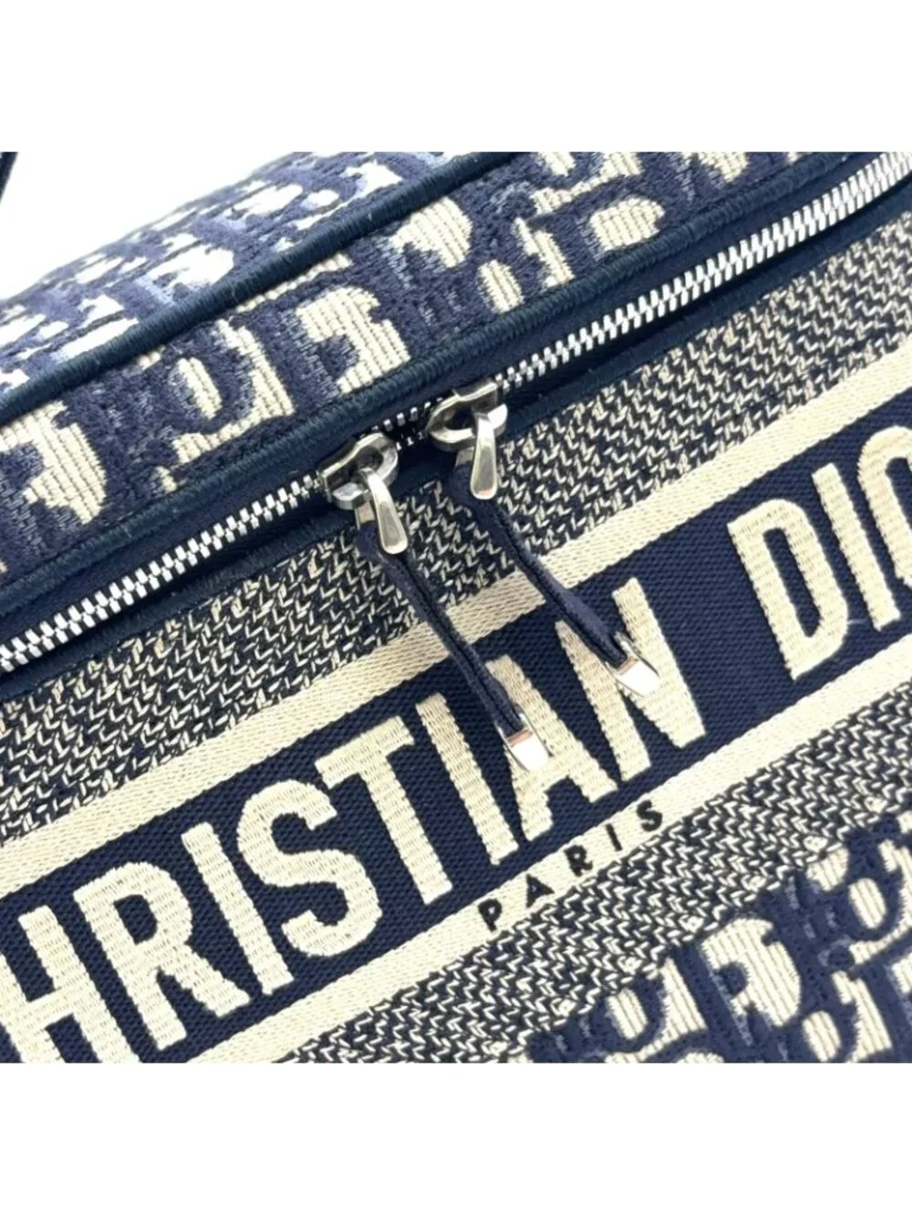 Dior Travel Vanity Cotton Off White Navy Handbag Silver